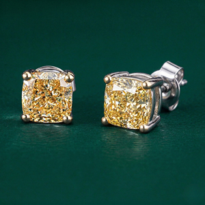 Fancy Yellow Cushion Cut Lab Grown Diamond Stud <b>Earrings</b> Prong Setting Solitaire IGI Certified Gold Delicate Party <b>Earrings</b> - Product Image 1