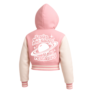 Blouson universitaire court pour femme avec imprimé cœur « Jesus Is King » – Bomber rose et blanc à capuche pour le streetwear Faith - Product Image 3