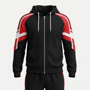 Survêtement à capuche pour homme, fermeture éclair intégrale, sweat-shirt sportif bicolore avec poches latérales, tenue d'automne, design noir, rouge et blanc - Product Image 1