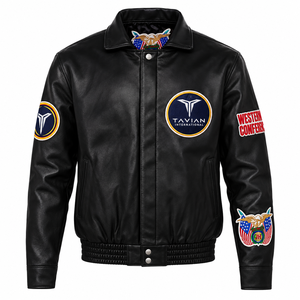 เสื้อแจ็คเก็ตหนังแท้สีดำสำหรับผู้ชาย ยี่ห้อ TAVIAN International ปักลายหนังแกะแท้  แบบ Western Conference ด้านหน้า - Product Image 2