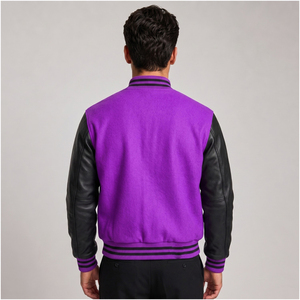 Men's Purple Varsity <b>Jacket</b> Black Leather Sleeves Embroidered <b>Star</b> Patch Casual Autumn Wear Regular Fit - Product Image 2