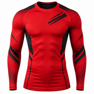 เสื้อรัดรูปแขนยาวสำหรับผู้ชาย สีแดงดำ พิมพ์ลายแบบซับลิเมชั่น แห้งเร็ว ระบายอากาศได้ดี ไร้ตะเข็บ ผลิตจากผ้าสแปนเด็กซ์และไนลอน เหมาะสำหรับออกกำลังกาย สำหรับผู้ใหญ่ - Product Image 4