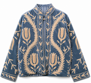 Purple <b>Velvet</b> Woven Embroidered Autumn/Winter/Spring <b>Jacket</b> Stand Collar Zipper <b>Women</b> Outerwear Floral Pattern Polyester/Cotton - Product Image 2