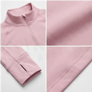 <b>Women's</b> Pink Ribbed Long Sleeve Quarter-<b>Zip</b> Yoga <b>Top</b> Breathable Spandex Polyester Sportswear - Product Image 4