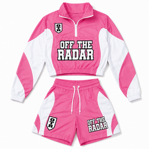 Custom Women's Winter Autumn Satin Embroidery Hooded Windbreaker Jacket & Running Shorts <b>Set</b> OEM ODM Sportswear Activewear - Product Image 1