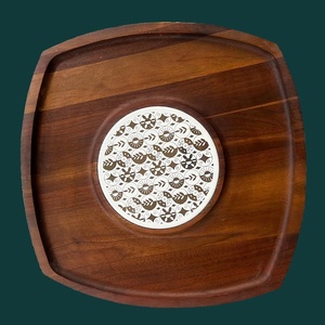 Wooden Square Serving <b>Tray</b> with Floral Inlay Design Modern Tableware <b>Storage</b> <b>Trays</b> Varnished Finish Easy To Clean - Product Image 1