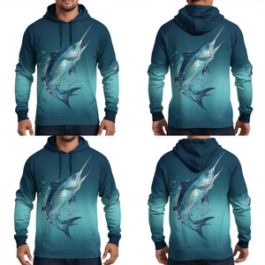 เสื้อฮู้ดดี้ตกปลา Ocean Drift Sailfish UPF 50 Plus Size ระบายอากาศได้ดี ป้องกันแบคทีเรีย/รังสียูวี แห้งเร็ว สีฟ้าอมเขียว พิมพ์ลายแบบ Sublimation - Product Image 4