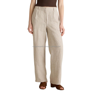 Lo último en pantalones cómodos de lino 100%, pantalones de estilo con cordón recto, ropa de dormir para mujer, suministro ODM transpirable - Product Image 4