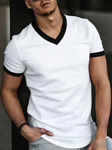 Men's White Neck Short Sleeve T-Shirt Regular Fit Contrast Trim Knitted Cotton Casual Solid Color Regular Length Breathable 180g - Product Image 2
