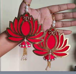 Traditional Red Lotus Wall Hanging with Tassels for Diwali Indoor Decor Living Room Metal Flower Design - Product Image 3