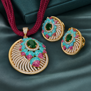 Parure de bijoux de luxe classique en laiton plaqué rhodium avec zircon, pampilles vertes Meenakari, pour mariée, fiançailles, anniversaire, mariage - Product Image 3