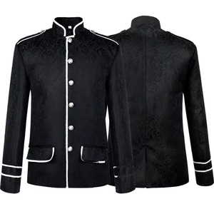 Veste d'équitation victorienne en brocart noir pour homme, col montant, garniture tressée argentée, style gothique steampunk, poches à rabat - Product Image 1