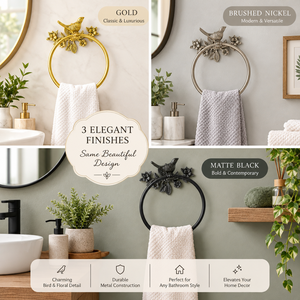 Porte-serviette décoratif en laiton avec motif floral et oiseau, avec plaque de fond botanique, pour salles de bain vintage de luxe et salles d'eau pour invités - Product Image 4