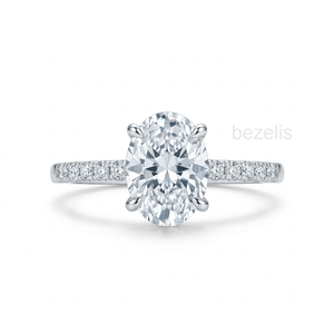 Bague solitaire élégante avec diamant taille ovale et épaules ornées de diamants taille brillant rond, bague de fiançailles solitaire en diamant - Product Image 2