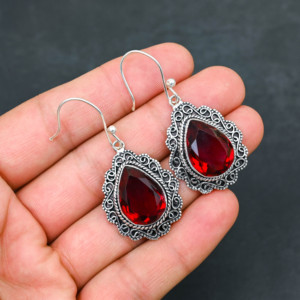 Boucles d'oreilles personnalisées en argent sterling 925 avec grenat rouge créé en laboratoire, 1,9 pouce, bijoux en pierres précieuses faits à la main, boucles d'oreilles fines antiques, cadeau pour femme - Product Image 4