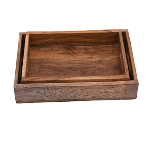 wooden tray rectangular <b>serving</b> tray brown rustic kitchen organizer storage tray dining table <b>serving</b> platter <b>set</b> of 2 - Product Image 1