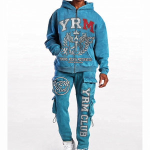 Men's Blue <b>Hooded</b> Tracksuit Full <b>Zip</b> Cotton Streetwear Sweatshirt and Cargo Pants Set Autumn Casual Wear - Product Image 1