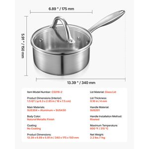 "Saucepan 1.5 QT Stainless Steel Nonstick Glass <b>Lidded</b> Cooking <b>Pot</b> <b>Small</b> Size Multipurpose" - Product Image 5
