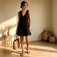 Robe d'été décontractée bohème pour femme, en mélange de lin bleu, simple, unie, col en V, sans manches, mini, respirante, idéale pour les vacances