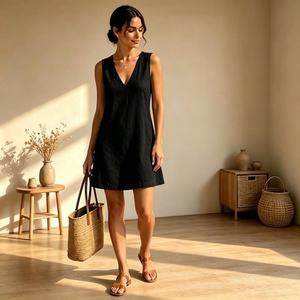 Vestido Casual de Verano para Mujer, Estilo Bohemio, Mini, sin Mangas, Cuello en V, Lino Azul, Mezcla de Lino, Teñido Liso, Transpirable - Product Image 6