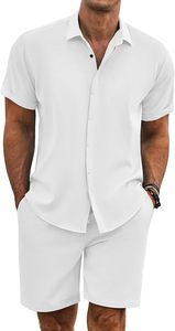 Tenues de plage d'été pour hommes, ensembles de chemises à manches courtes et shorts en lin texturé pour les vacances - Product Image 2