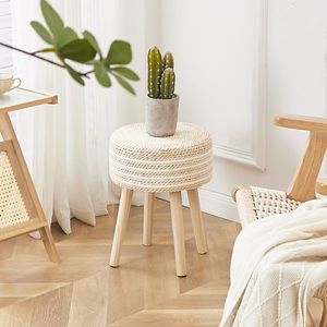 Poggiapiedi Ottomano in Giacinto Marino Naturale Intrecciato a Mano con Gambe in Legno Massello, Sgabello per Ingresso e Uso Alberghiero - Product Image 2
