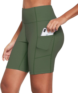 Shorts de Yoga de Cintura Alta para Mujer, Color Sólido, Spandex y Poliéster, Elásticos en Cuatro Direcciones, Bolsillos, Cintura Elástica, Diseño de Costuras en Contraste - Product Image 5