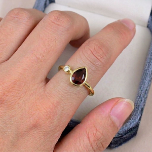 Zircon Accent Red Garnet Ring Solid 925 Sterling Silver Gold Plated Bezel <b>Set</b> Classic Pear Cut Gemstone Women Anniversary Ring - Product Image 5