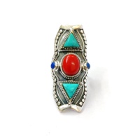 Bague en argent sterling 925 plaqué argent victorien, sertie de pierres turquoise et corail en grappe multi-reliefs, faite à la main, haute qualité