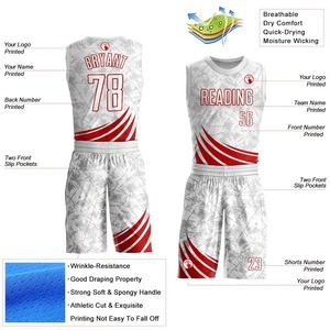 Ensemble de maillots de basket sans manches personnalisés, écologiques, respirants, blanc et rouge, uniforme d'équipe, design par sublimation, anti-humidité - Product Image 2