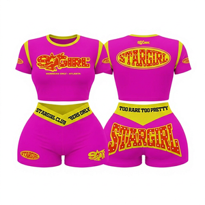 Ensemble 2 pièces crop top et short pour femme, noir et jaune, imprimé lettres, style sexy clubwear, printemps-été, sportif, coupe ajustée au genou - Product Image 2