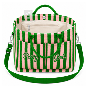 Bolsa de lona personalizada de la hermandad Alpha Kapa Alpha, verde y rosa, con logo bordado, a rayas, para uso diario, de gran capacidad. - Product Image 2