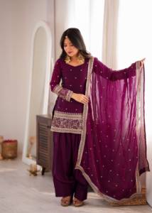 Designer Embroidery Sequence And Zari Work Fandy Silk <b>Top</b> With Farshi Salwar Bottom And Dupatta Fully Stitched Ready To Wear Set - Product Image 1