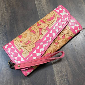 Pochette de Soirée de Luxe en Cuir Rose à Carreaux Ornée de Motifs Floraux Faits Main pour Femme, Porte-Cartes et Portefeuille de Poignet pour le Shopping - Product Image 2