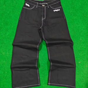 Jean large respirant taille mi-haute pour homme, gris fumé, à franges, gris ciment, en denim délavé, motif uni, boutonné - Product Image 1