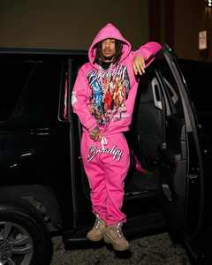 Ensemble de survêtement rose à capuche, manches longues, fermeture éclair sur le devant, imprimé lettres, délavé à l'acide, streetwear, coupe oversize avec poches latérales, unisexe adulte - Product Image 2