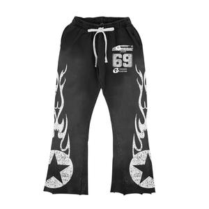 OEM Custom Brand Men's Hooded Sweatshirt <b>Set</b> Black Flame Print Street Style 100% Cotton <b>Knitted</b> Windproof Tracksuit Autumn Wear - Product Image 2