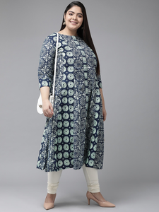 Blue Geometric Printed Cotton A LINE Kurti With Round Neck And Three Quarter Sleeves For <b>Plus</b> <b>Size</b> Women's Wear - Product Image 3