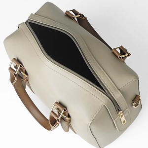 Sac Boston classique en cuir véritable, deux poignées, fermeture à glissière, durable, unisexe, usage quotidien, beige avec sangles marron - Product Image 6