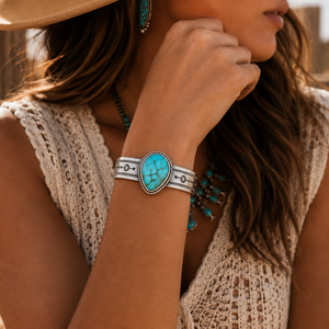 Bracelet manchette goutte d'eau style western, bijou statement en turquoise, réglable, style bohème sud-ouest, fait main pour femme - Product Image 6