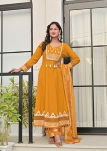 Women's Mustard Cotton <b>Kurta</b> With Pant And Dupatta Set Loose Fit Floor Length Traditional <b>Indian</b> Pakistani Style Casual Wear - Product Image 2