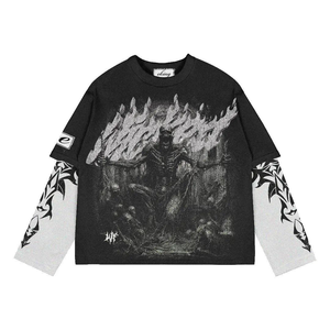 เสื้อยืดฟลีซสองชั้น Y2K หนัก 300 GSM ผ้าฝ้ายทรงโอเวอร์ไซส์ แขนยาว พิมพ์ลายกราฟิกหัวกะโหลก สำหรับผู้ชาย แบบสั่งทำ - Product Image 5