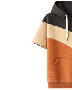 Sudadera con Capucha de Manga Corta para Hombre, Color Carbón Beige y Rojo Óxido, con Bolsillo Canguro, de Algodón y Felpa, Estilo Casual Urbano - Product Image 2