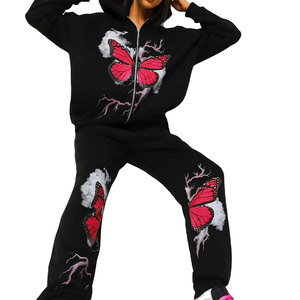 Unisex Black 100% Cotton Breathable Lightweight Hooded <b>Velvet</b> <b>Tracksuit</b> Set Full Sleeve Sporty Style Solid Color Elastic Waist - Product Image 1