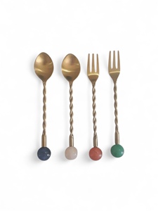 Gold Plated Twisted Handle Cutlery Set With Marble <b>Ball</b> Ends Modern Design Spoon Fork Set - Product Image 2