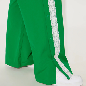 <b>Womens</b> Green Track Pants Casual Activewear <b>Joggers</b> with Contrast <b>White</b> Lace Side Designs - Product Image 6