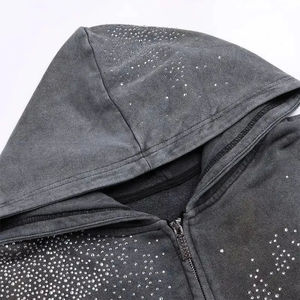 <b>Mens</b> Rhinestone Hoodie Zip Up Oversized Streetwear <b>Fleece</b> Sweatshirt <b>Mens</b> <b>Grey</b> Studded Zip Hoodie Crystal Embellished Streetwear - Product Image 4