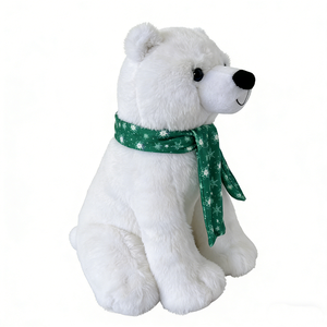 Fluffy sitting white polar bear plush with green snowflake print scarf, Christmas <b>winter</b> <b>decorative</b> stuffed animal - Product Image 3