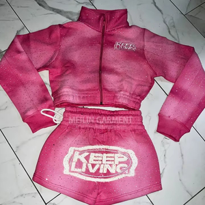 Distress Patch Rhinestone Winter Tracksuit <b>Sweat</b> Suit Set for Men Hoodies <b>Shorts</b> Acid Wash Zip Rhinestones - Product Image 4