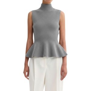 Pull court tricoté pour femme, violet magenta, sans manches, col roulé, ourlet peplum, coupe ajustée, devant côtelé - Product Image 2